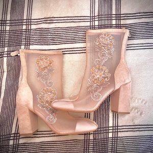 Gorgeous mesh flower embroidered pink suede heeled booties